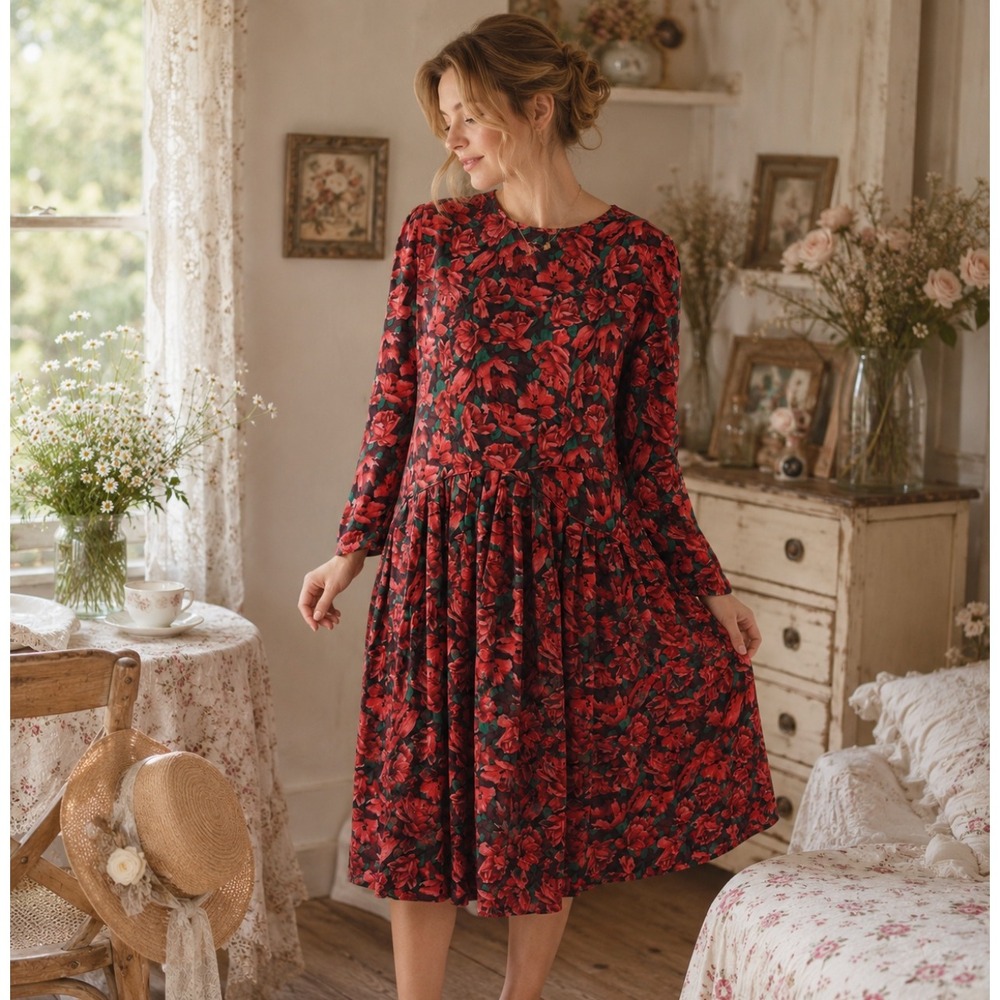 Maggy London Petites Silk Floral Rose Drop Waist Dress‎ Vintage 80s 10 Romantic